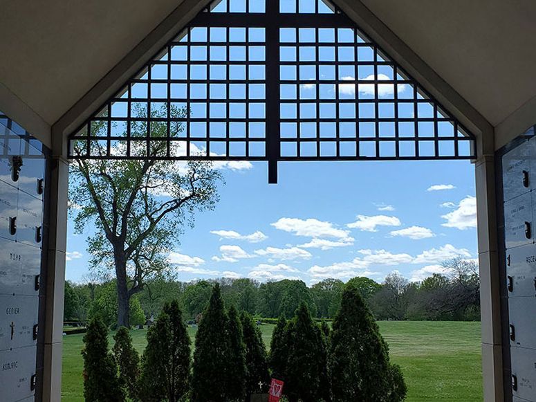 View out of chapel and out onto the cemetery grounds