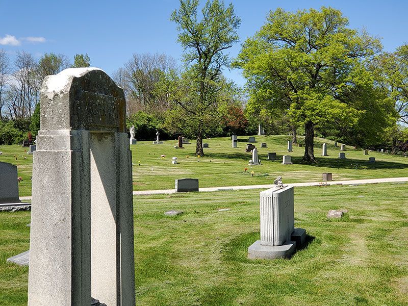 Headstones on cemetery grounds