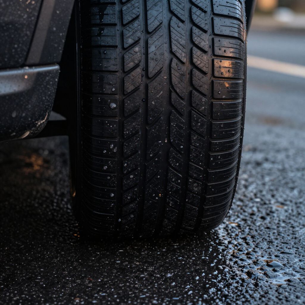 A close-up view of a car tire on wet asphalt after rain.