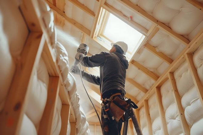 Worker using a drill while installing insulation in an unfinished attic with a skylight