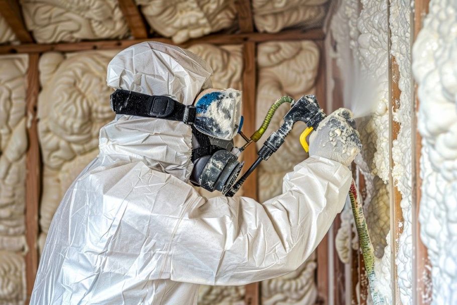 Worker in protective suit spray-foaming insulation inside a wall cavity