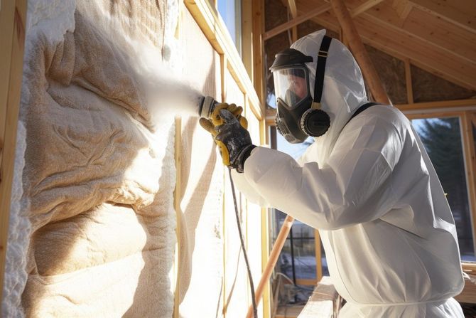 Worker in white protective suit spraying insulation inside a wooden-framed wall.