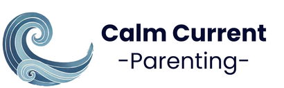 A logo for calm current parenting with a wave in the middle.