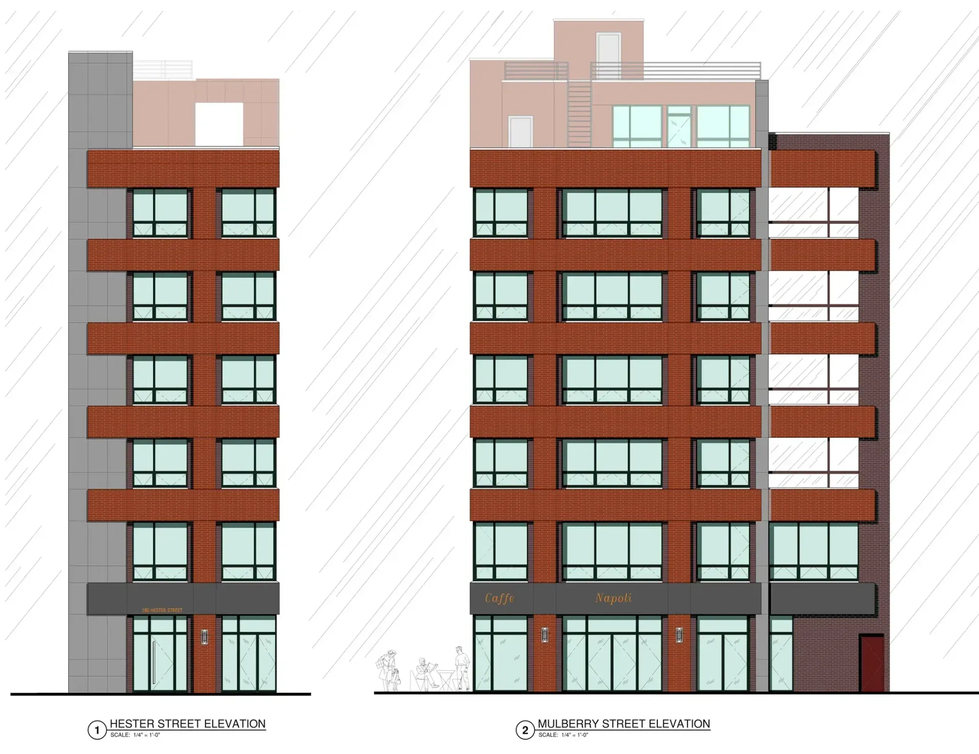 Elevations of two multi-story brick buildings. The facades have large windows and dark grey accents at the base.