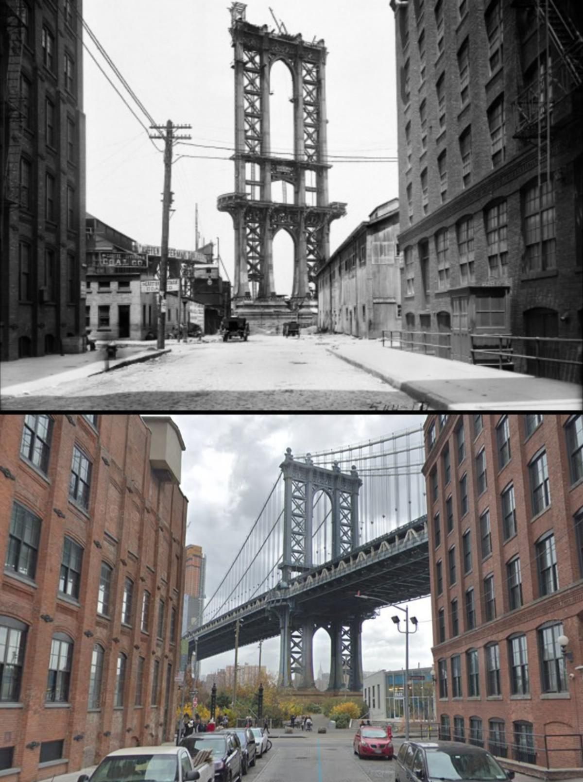 Top: Construction of Manhattan Bridge in black and white. Bottom: Completed bridge in color, viewed from the same street.