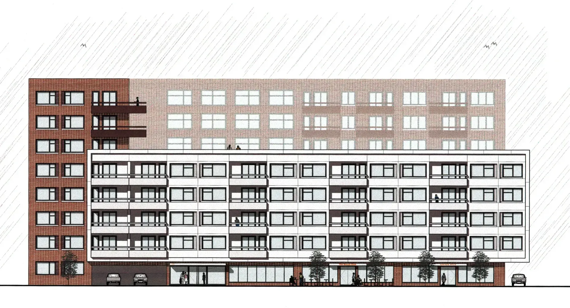 Architectural rendering of a multi-story building with a brick tower, white facade with balconies, and storefronts.