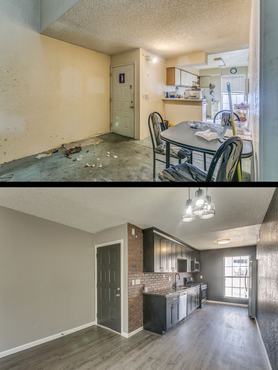 Before and after photos of a kitchen remodel. Top: old with messy floor, dingy walls. Bottom: newly renovated with dark cabinets and wood floors.