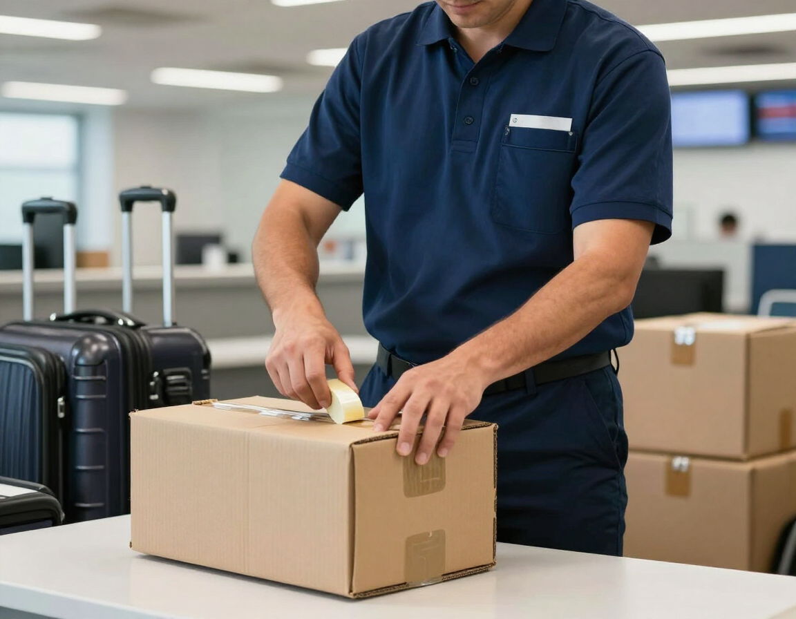 Staff member packing a parcel at an airport service counter
