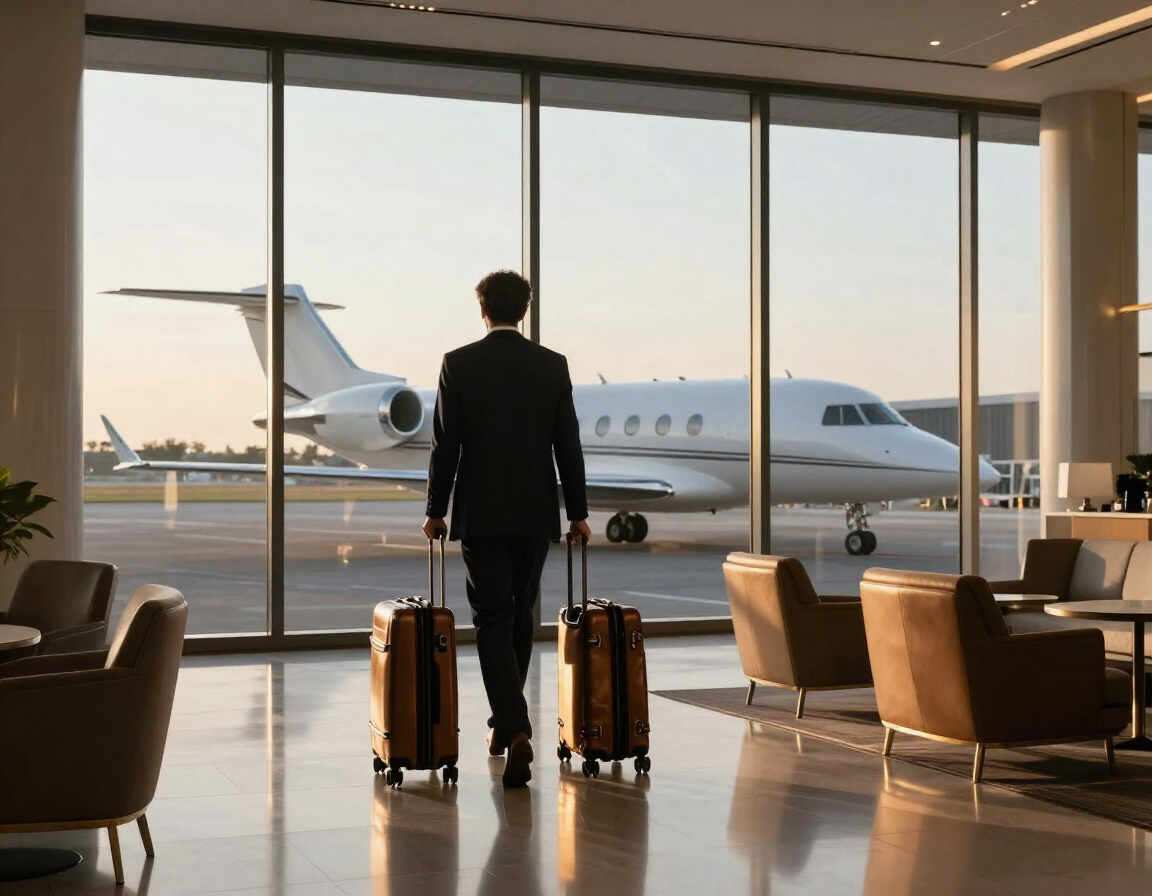 Traveler with fine leather luggage in an elegant airport lounge