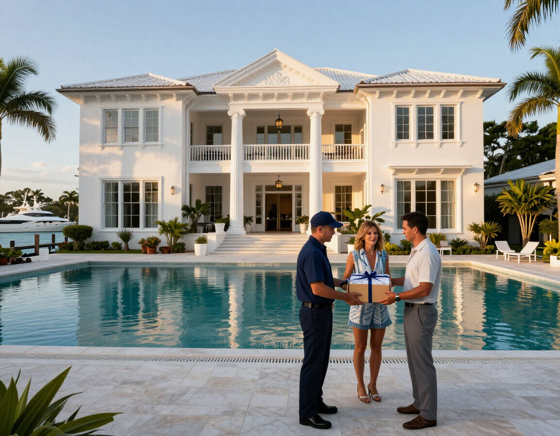 Courier delivering a package to a homeowner at a luxury Key West waterfront estate with a pool and yacht