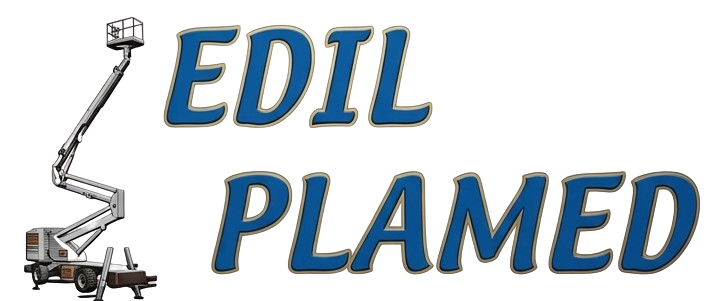 IMPRESA EDILE EDILPLAMED - LOGO Logo EDIL PLAMED con un braccio elevatore bianco e testo blu in corsivo.