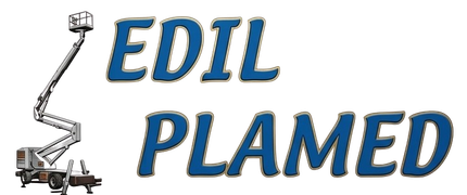 Logo EDIL PLAMED con un braccio elevatore bianco e testo blu in corsivo.
