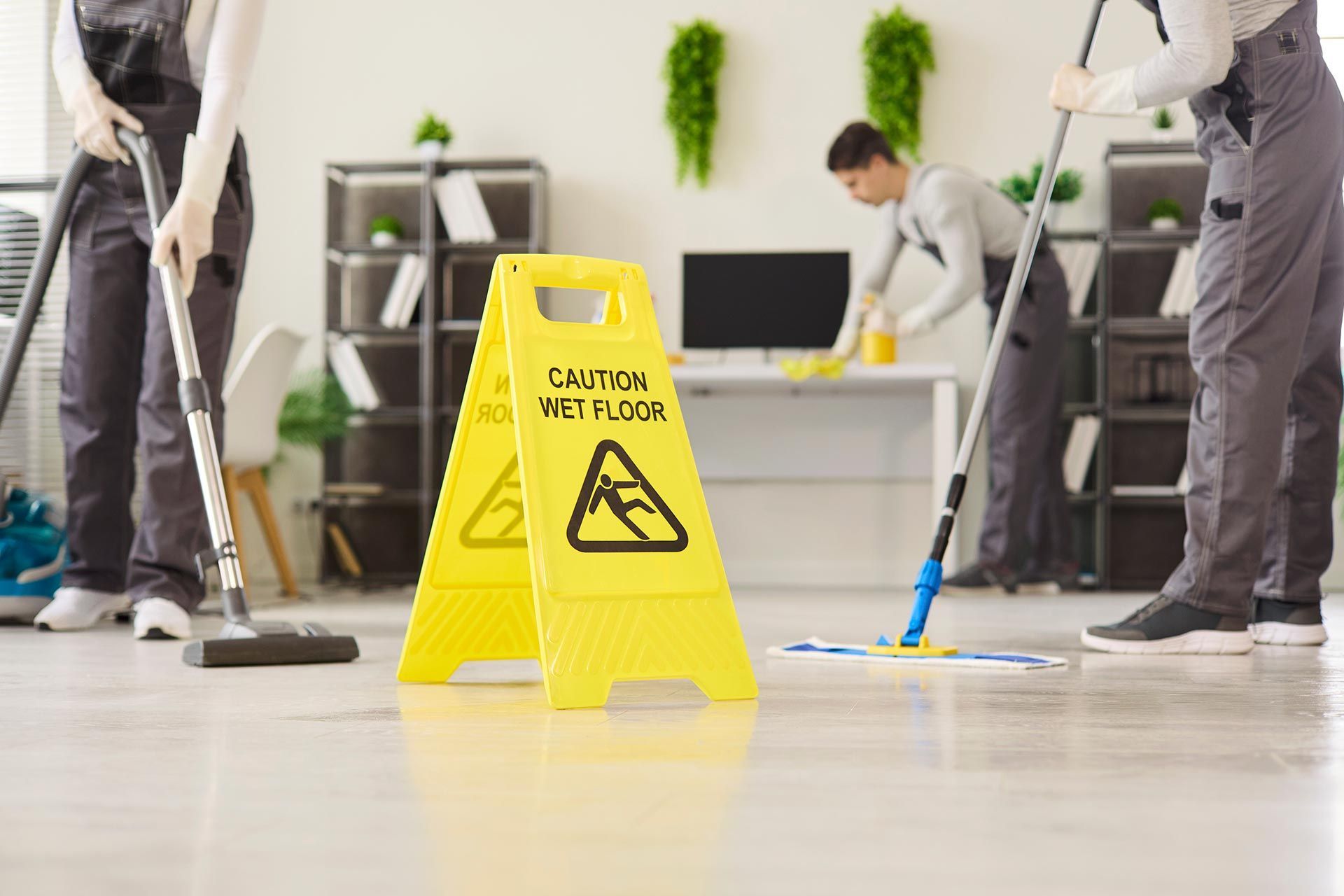 Cleaners janitors team mopping office with caution cleaning. Cleaners janitors team mopping office with caution cleaning.