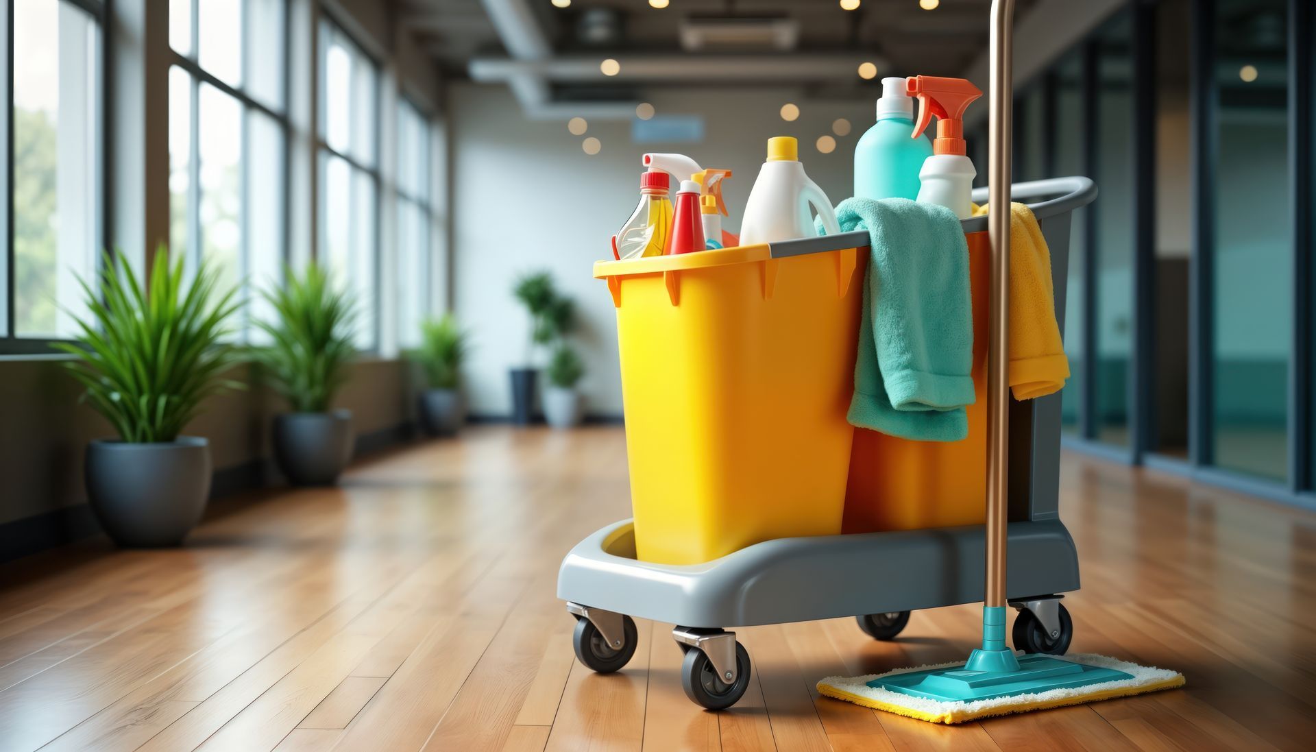 Cleaning supplies cart in office hallway used by commercial cleaning service for daily maintenance. Cleaning supplies cart in office hallway used by commercial cleaning service for daily maintenance.
