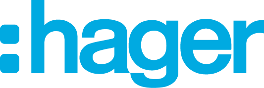 Le logo Hager en bleu clair : deux points suivis du mot « hager ».