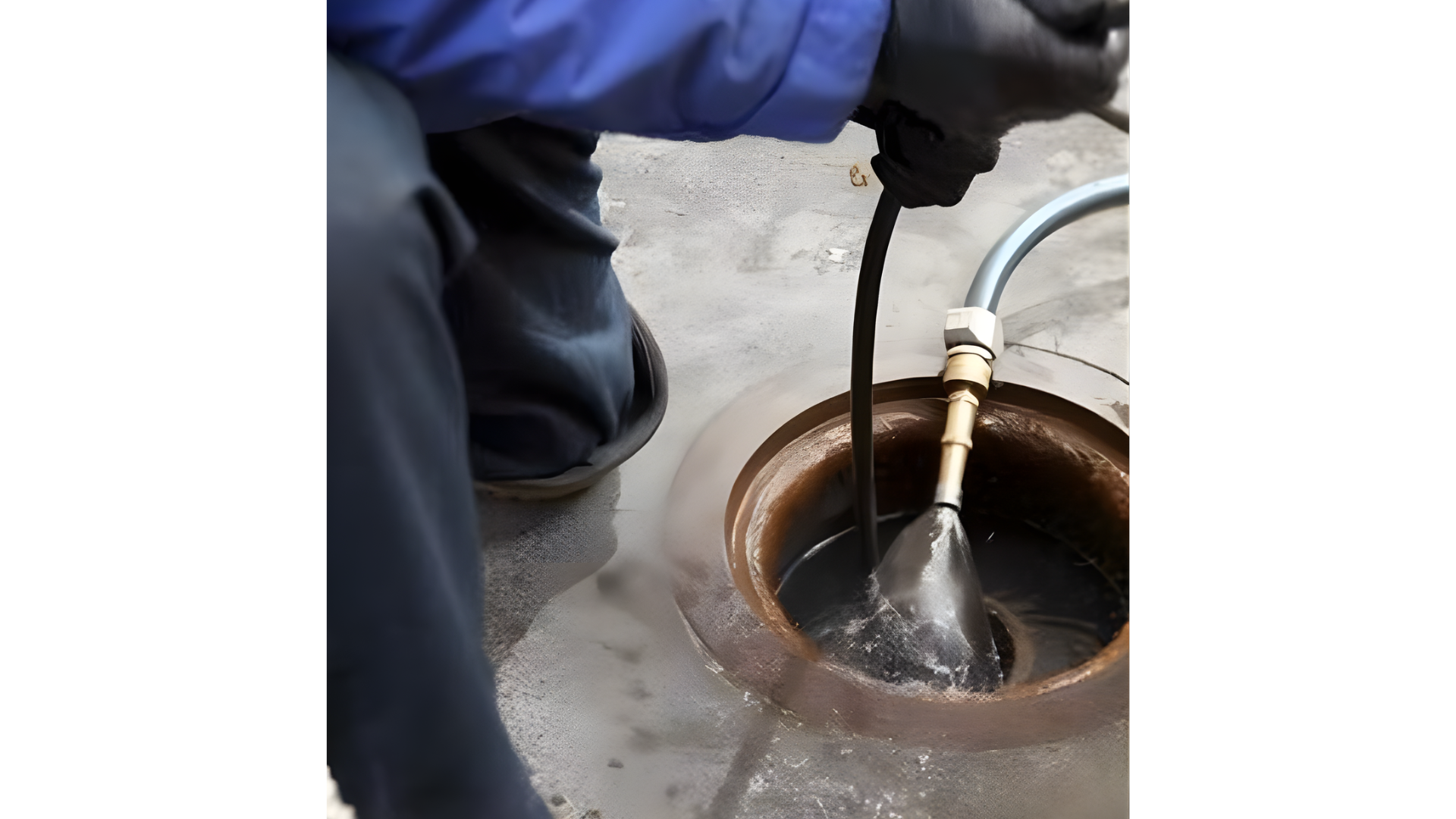 Person using a high-pressure hose to clean a manhole; water sprays from the nozzle into the manhole.