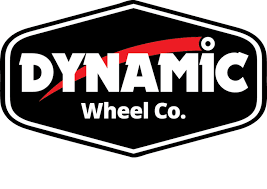 Logo for Dynamic Wheel Co., black and white hexagon with white text, red swoosh.