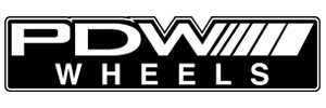 PDW WHEELS logo in white letters on black rectangle. “PDW” has slanted lines on the 