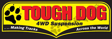 Logo for Tough Dog 4WD Suspension, in red and yellow. Features paw prints and the tagline 