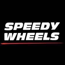 Speedy Wheels logo in white text on black background, red underline.