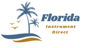 Florida Instrument Direct logo with palm trees, birds, and blue and gold waves