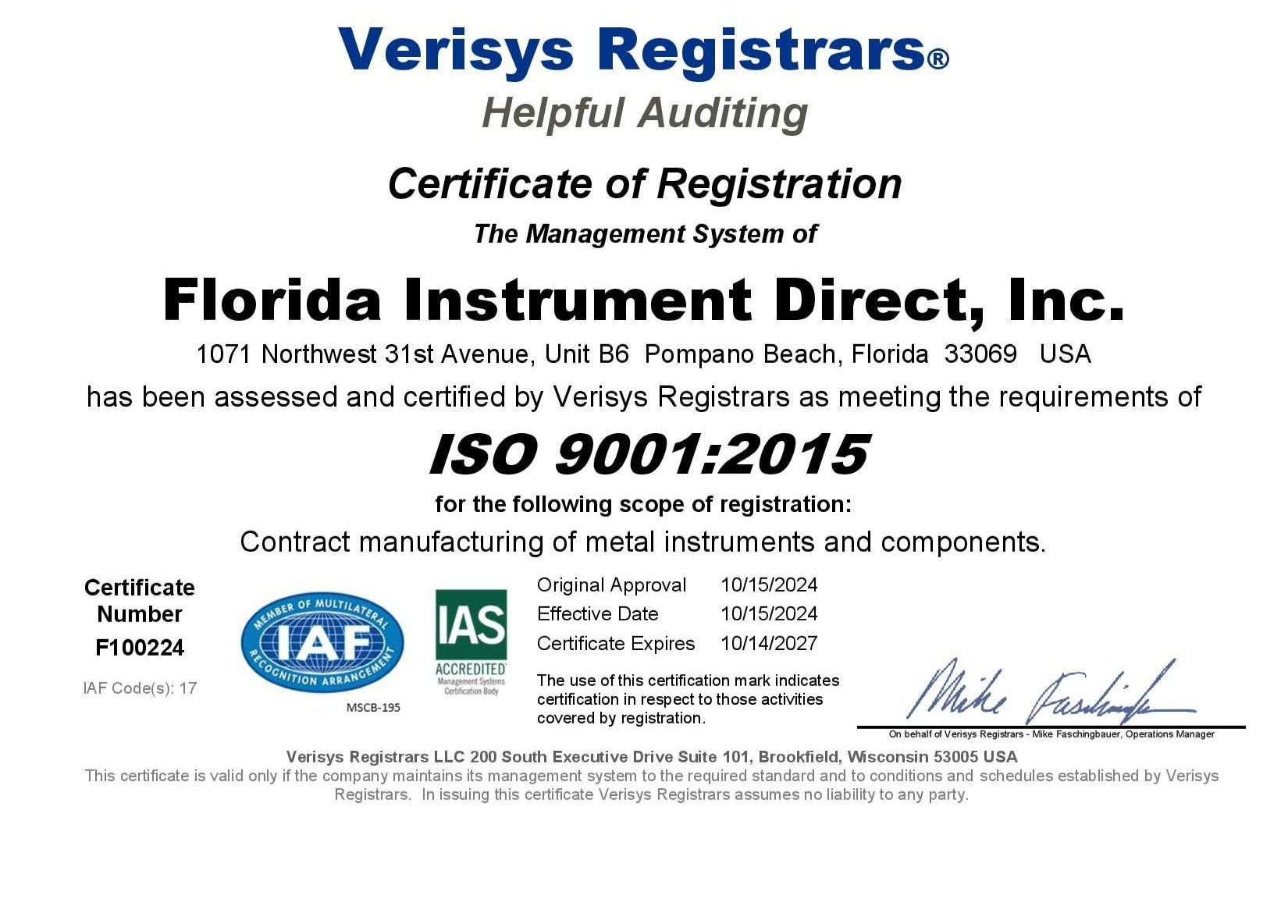 Verisys Registrars ISO 9001:2015 certificate for Tech International, Inc., with blue logo and seals