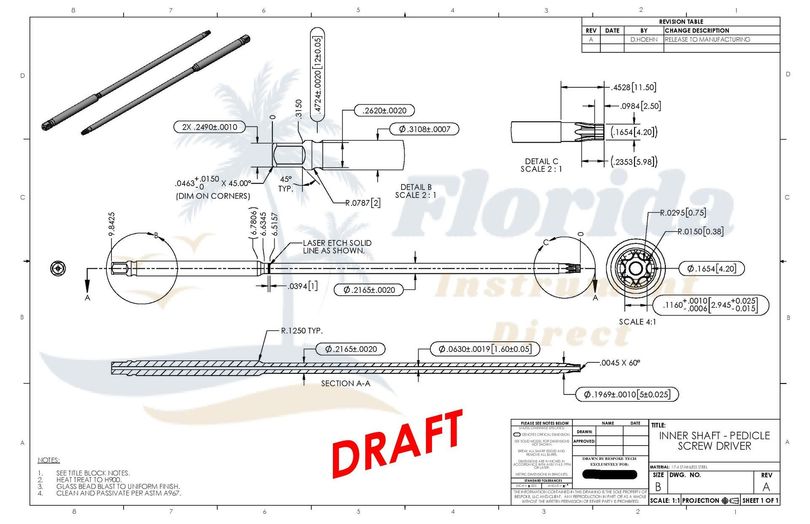 Pedicle Screw Driver Blueprint CNC Medical Parts Engineering 