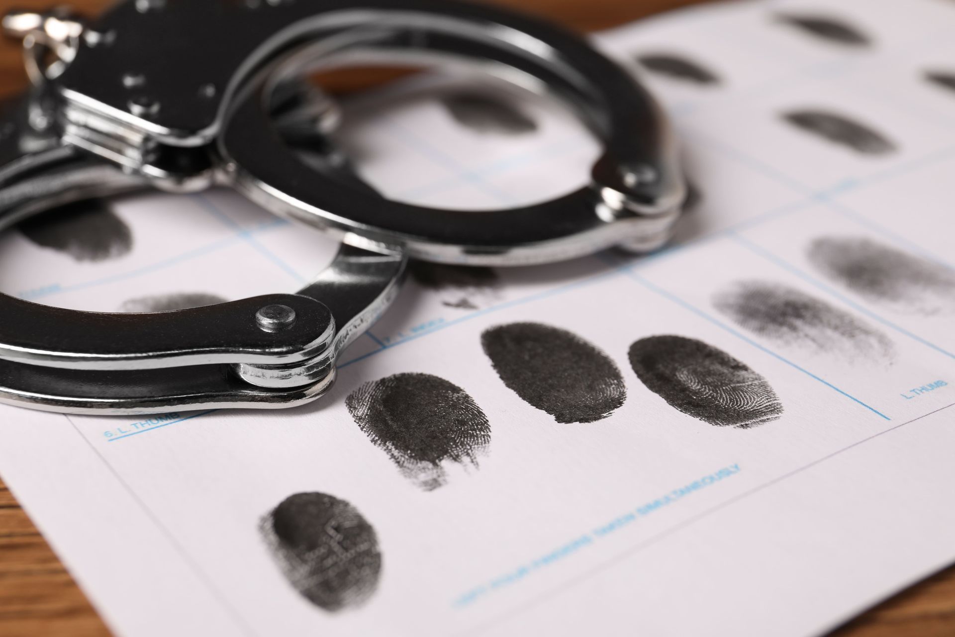 Handcuffs resting on a fingerprinting form with inked fingerprints.