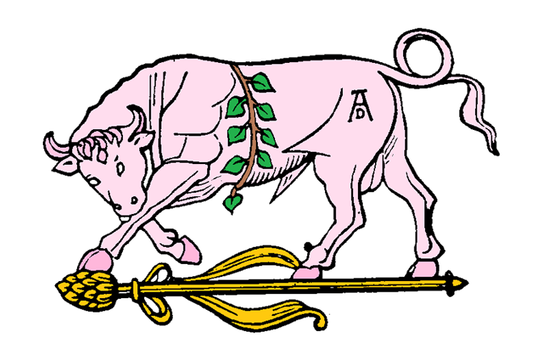Pink bull with a green garland and gold ceremonial staff on a white background