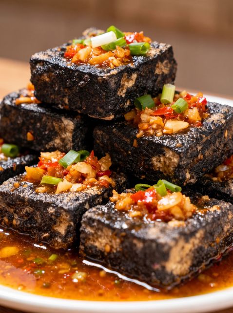 Black tofu cubes topped with chopped vegetables in a glossy red sauce