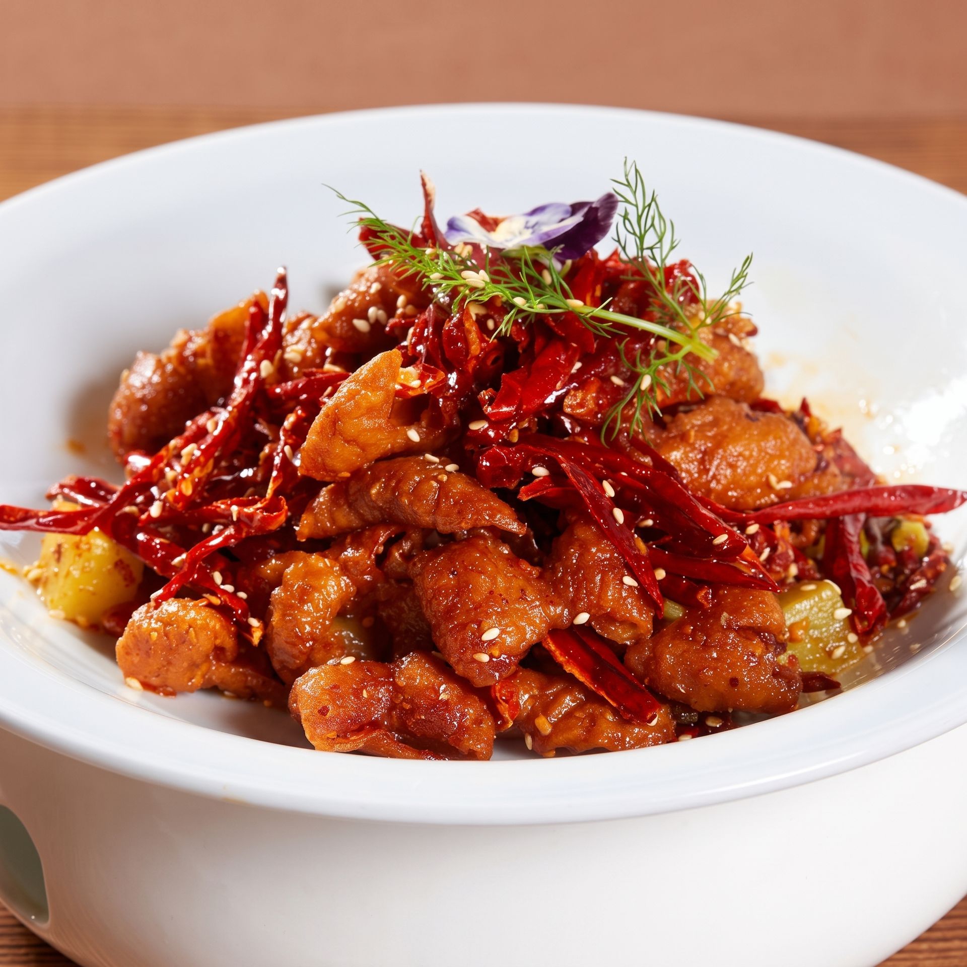 Bowl of spicy fried chicken pieces topped with red chilies and herbs on a white plate