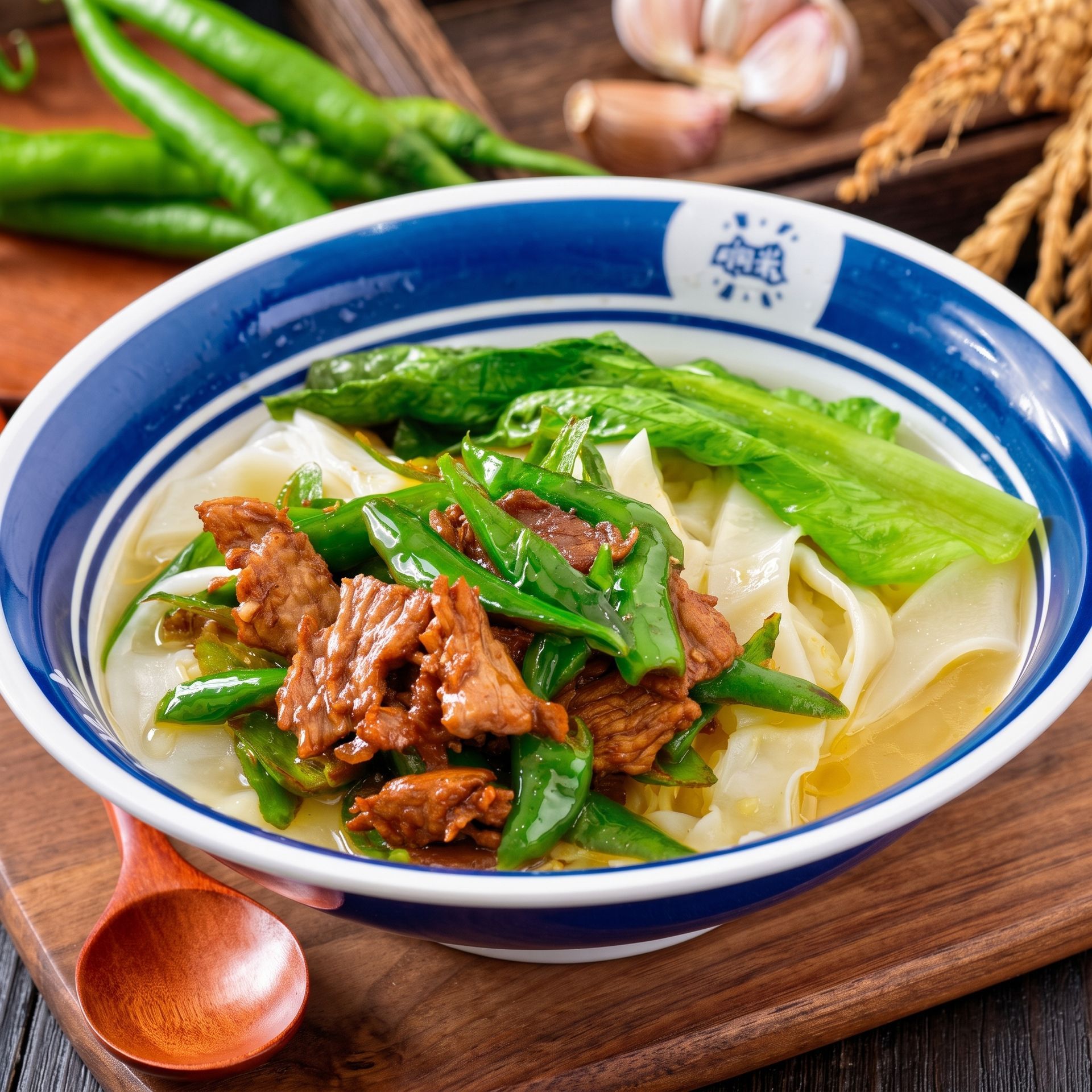 Bowl of noodle soup topped with beef and green onions on a wooden tray, with chili peppers in the background
