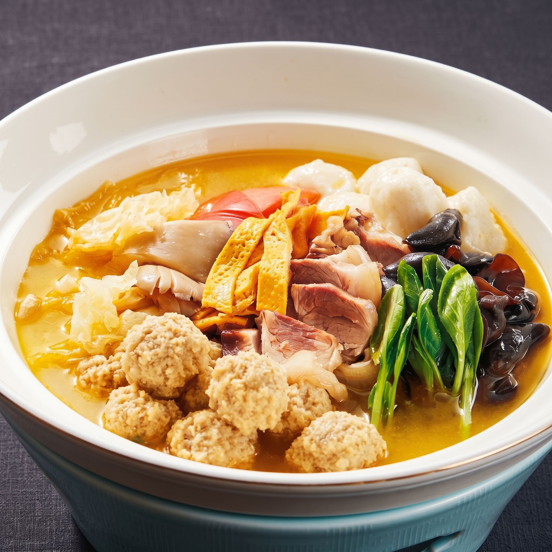 Bowl of noodle soup with tofu, greens, mushrooms, and minced meat in a white bowl