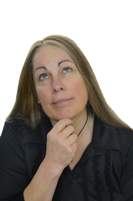 Woman with long hair looks up thoughtfully, hand on chin, against white background.