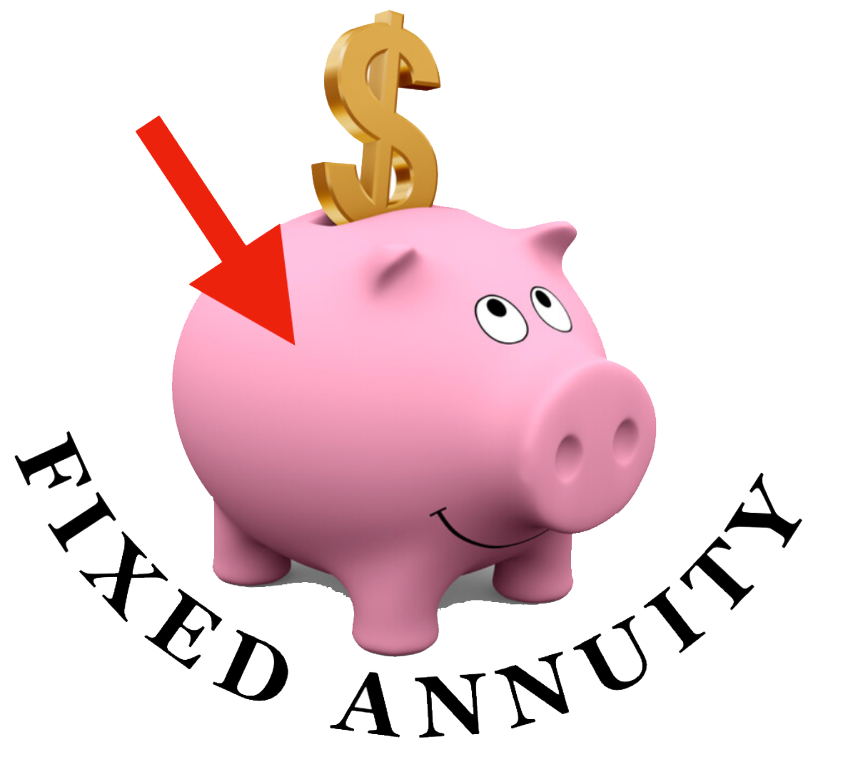 Pink piggy bank with dollar sign, red arrow, text