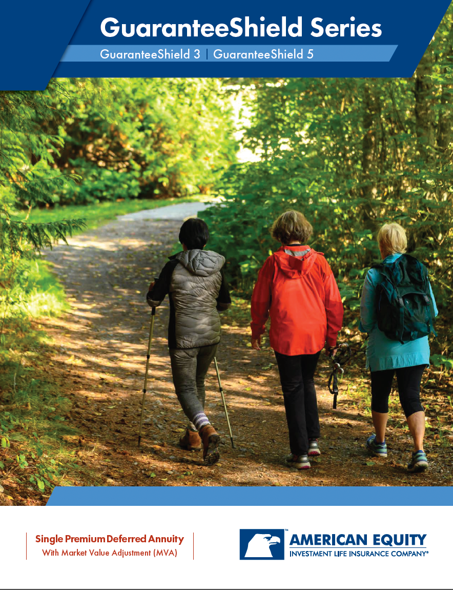 Three women walking on a forest path, cover of American Equity's GuaranteeShield Series brochure.