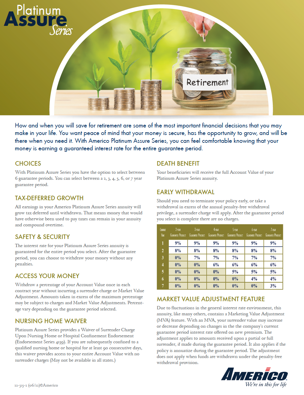 Brochure for Americo Platinum Assure Series. Features a jar labeled 