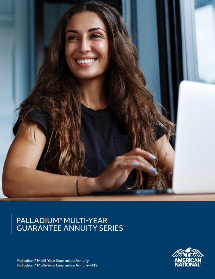 Woman smiling at a laptop. Marketing for Palladium Multi-Year Guarantee Annuity Series by American National.