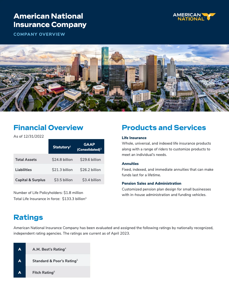 Company overview for American National Insurance. Financials, products, and ratings.