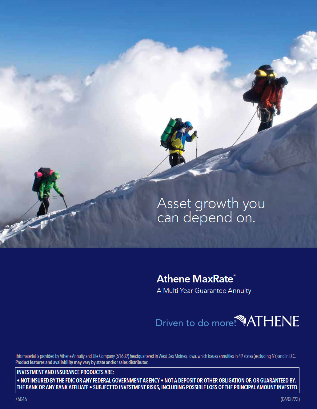 Mountaineers ascending snowy slope; ad for Athene MaxRate annuities.