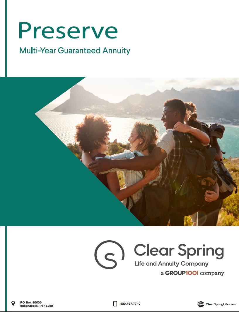 Brochure cover: Preserve Multi-Year Guaranteed Annuity; Clear Spring logo; group hiking near water, embracing.