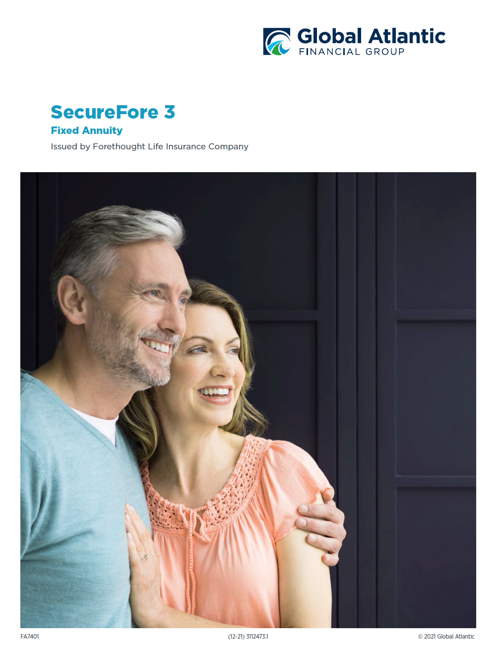 Smiling couple, SecureFore 3 flyer cover. Man with arm around woman, looking out a window. Global Atlantic logo.