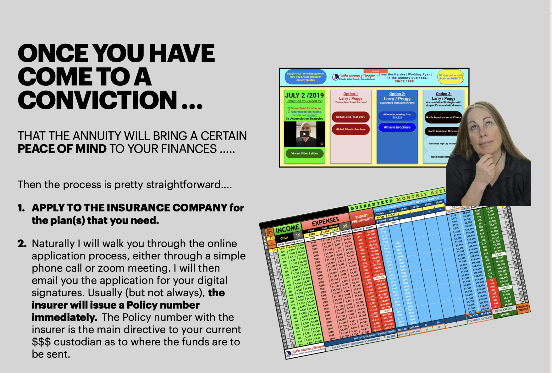 Woman pointing at a screen explaining the annuity process with step-by-step instructions.