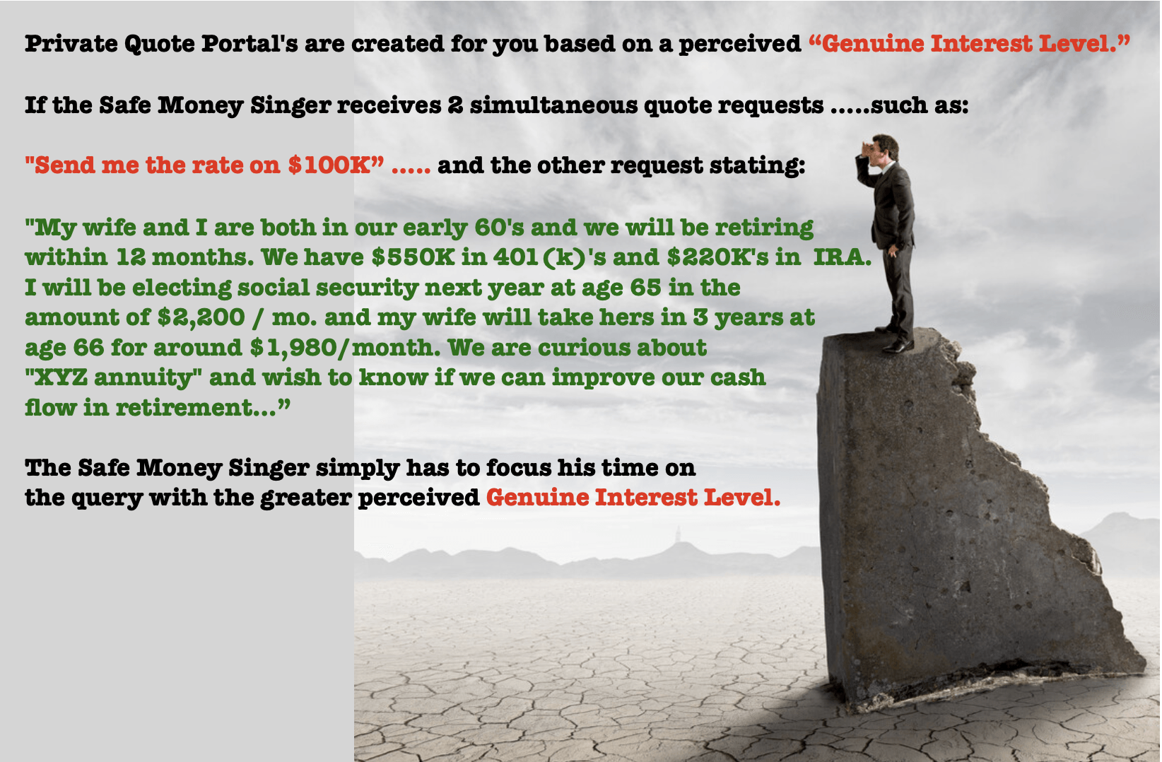 A man standing on a crumbling concrete pillar with text about prioritizing quote requests based on interest level.