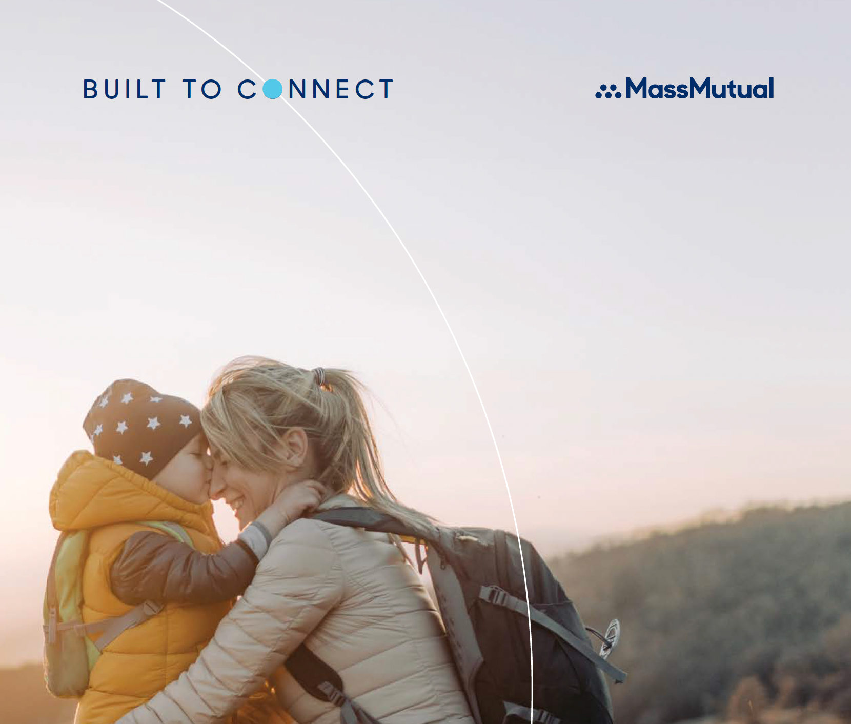 Mother and child embrace outdoors, smiling. Sunset with backpacks. MassMutual logo in upper right.
