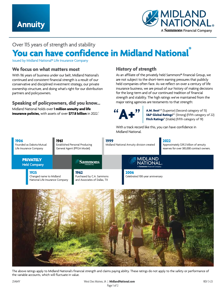Advertisement for Midland National Annuity, with text and a photo of people walking on a path.