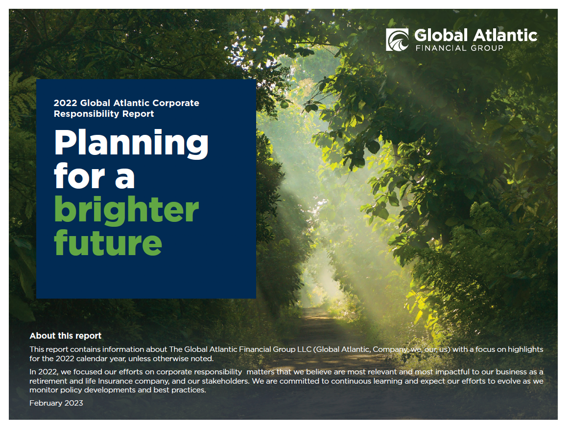 Cover of the 2023 Global Atlantic Asset Responsibility Report: Planning for a brighter future, with a forest path.