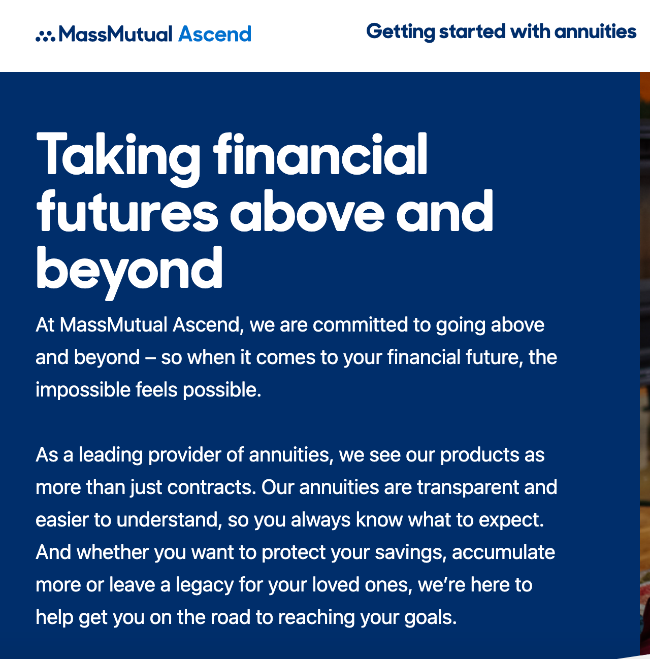MassMutual Ascend ad: Text about annuities and financial planning against a blue background.