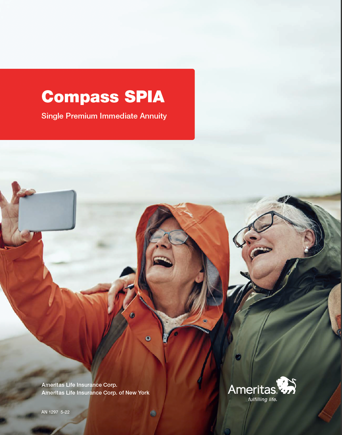 Two older women laughing, one taking a selfie, with a cover for Ameritas' Compass SPIA (Single Premium Immediate Annuity).
