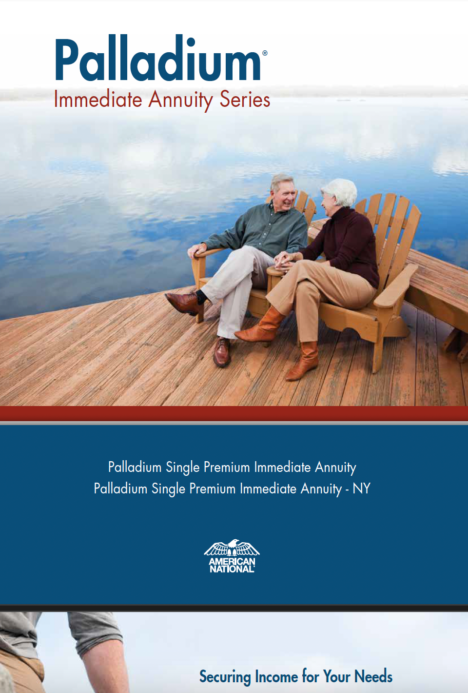 An elderly couple sits on a dock; an annuity brochure with text overlayed.